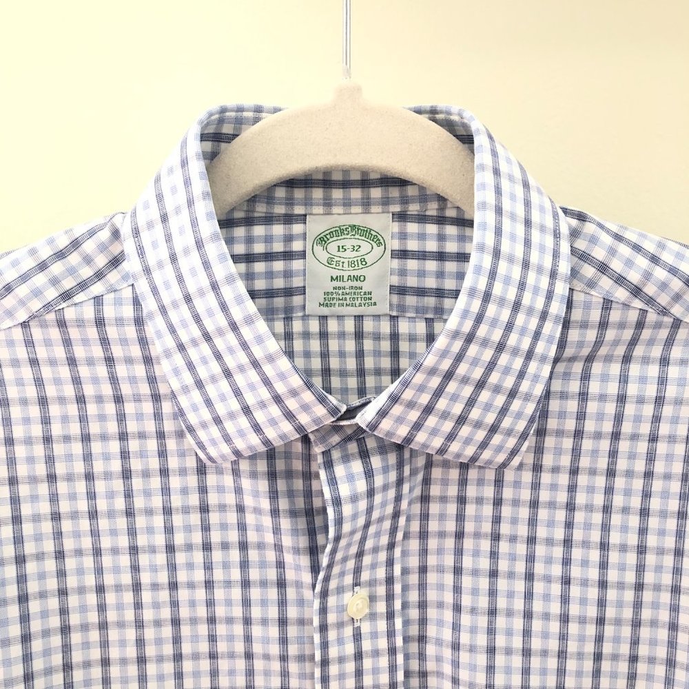 Brooks Brothers Shirt Men 15 32 Non-Iron Blue Milano Supima Cotton Checked